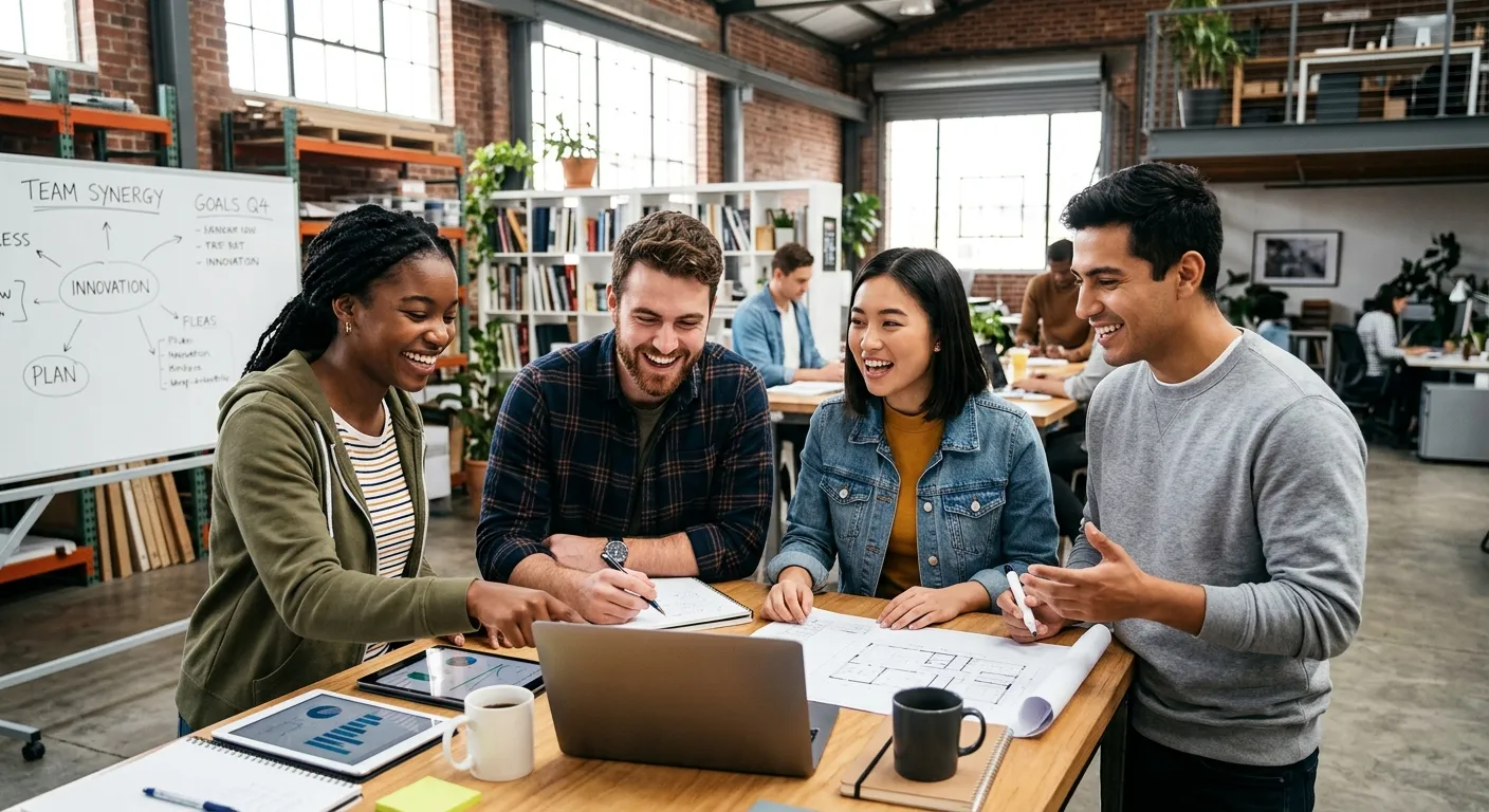 A diverse group of enthusiastic young adults, including a 17-year-old, in casual work attire, smiling and collaborating in a modern, bright office or warehouse setting. Professional, hopeful, and energetic mood.