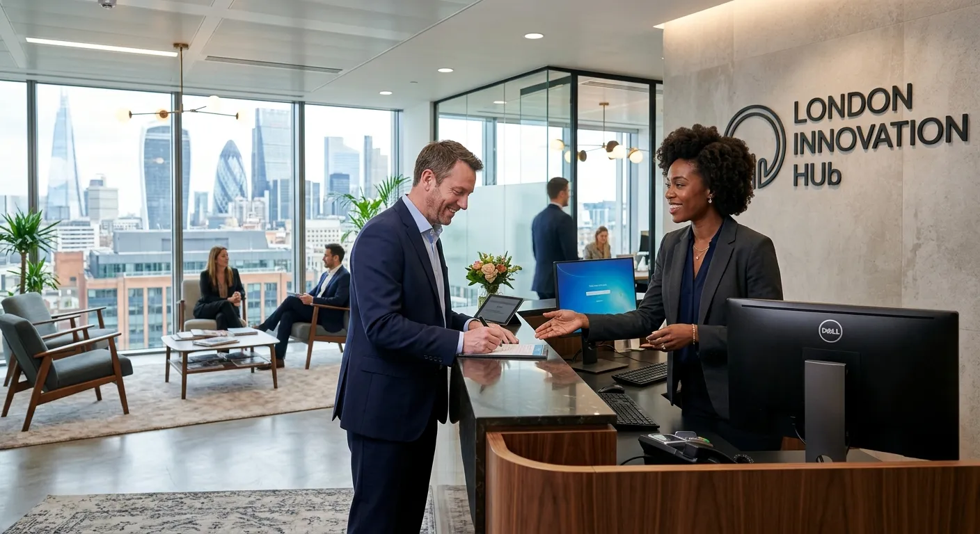 A professional, high-resolution image of a modern, bright London office reception area. A sharply dr... A professional, high-resolution image of a modern, bright London office reception area. A sharply dressed, confident female receptionist smiles while assisting a client at a sleek, contemporary desk. The mood is welcoming, efficient, and upscale.