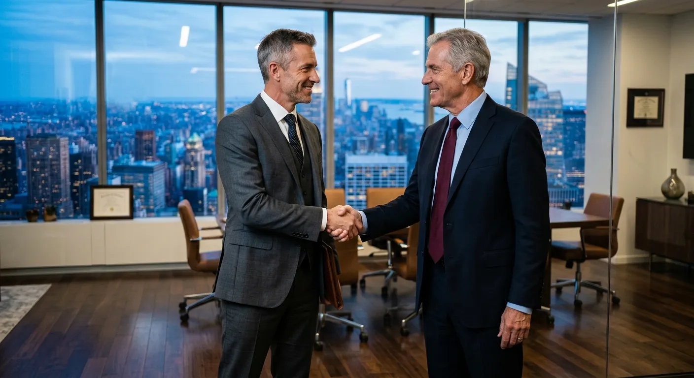 A professional, high-contrast image of a confident headhunter and a senior executive shaking hands in a modern office with a city skyline in the background. Style: Professional corporate photography, mood: authoritative, strategic, and successful.