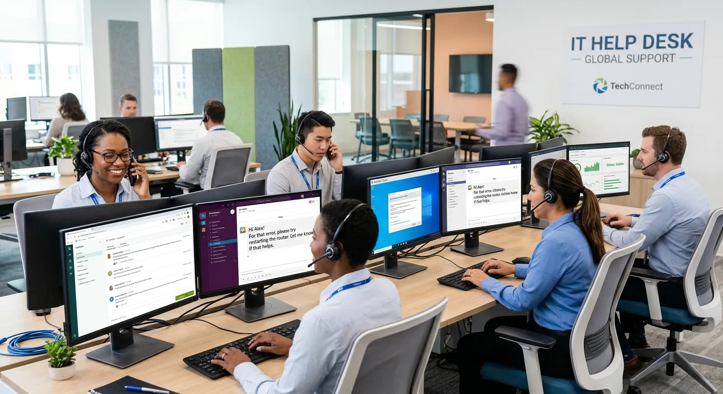 A diverse, professional Help Desk team in a modern office environment, actively assisting clients via multiple channels (phone, chat, screen share). Style is bright, dynamic, and focused, conveying expertise and collaboration. Mood is professional, efficient, and supportive.