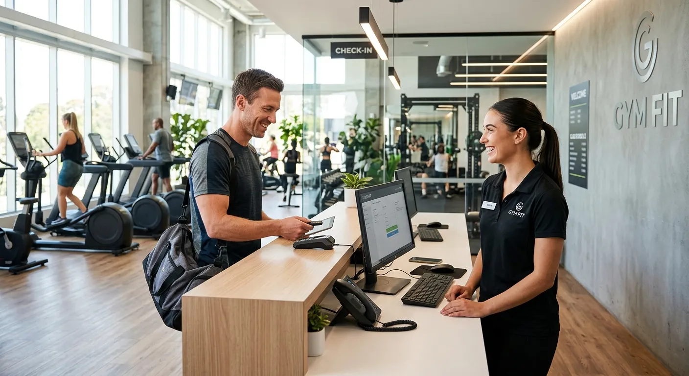 A modern, bright, and energetic gym reception area. A friendly, professional gym receptionist smiles while assisting a member at a sleek, clean desk with a computer and phone. The gym equipment is visible in the background, and natural light floods the space. Style: Professional stock photo, high contrast, vibrant, and welcoming mood.