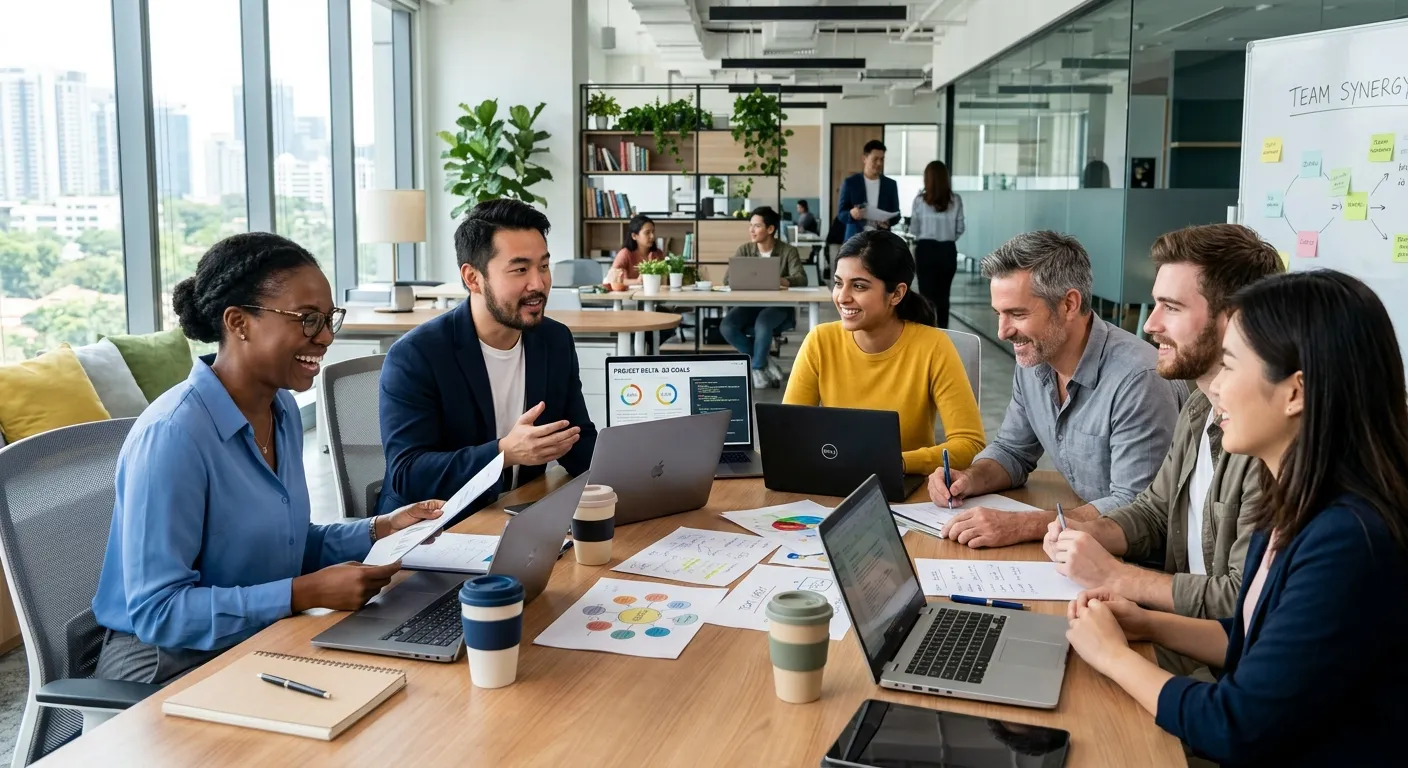 A modern, diverse team of professionals in a bright office collaborating around a table with laptops and documents. Style is professional, high-resolution, with a focus on teamwork and positive energy.