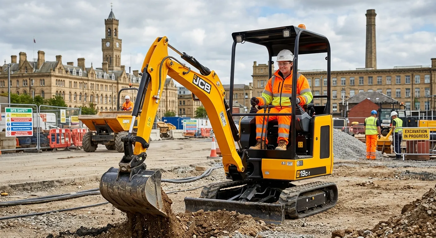 A professional photograph of a Plant Operator in high-visibility clothing, confidently operating a compact excavator on a well-maintained construction site in Bradford. The image should convey safety, skill, and industrial activity.
