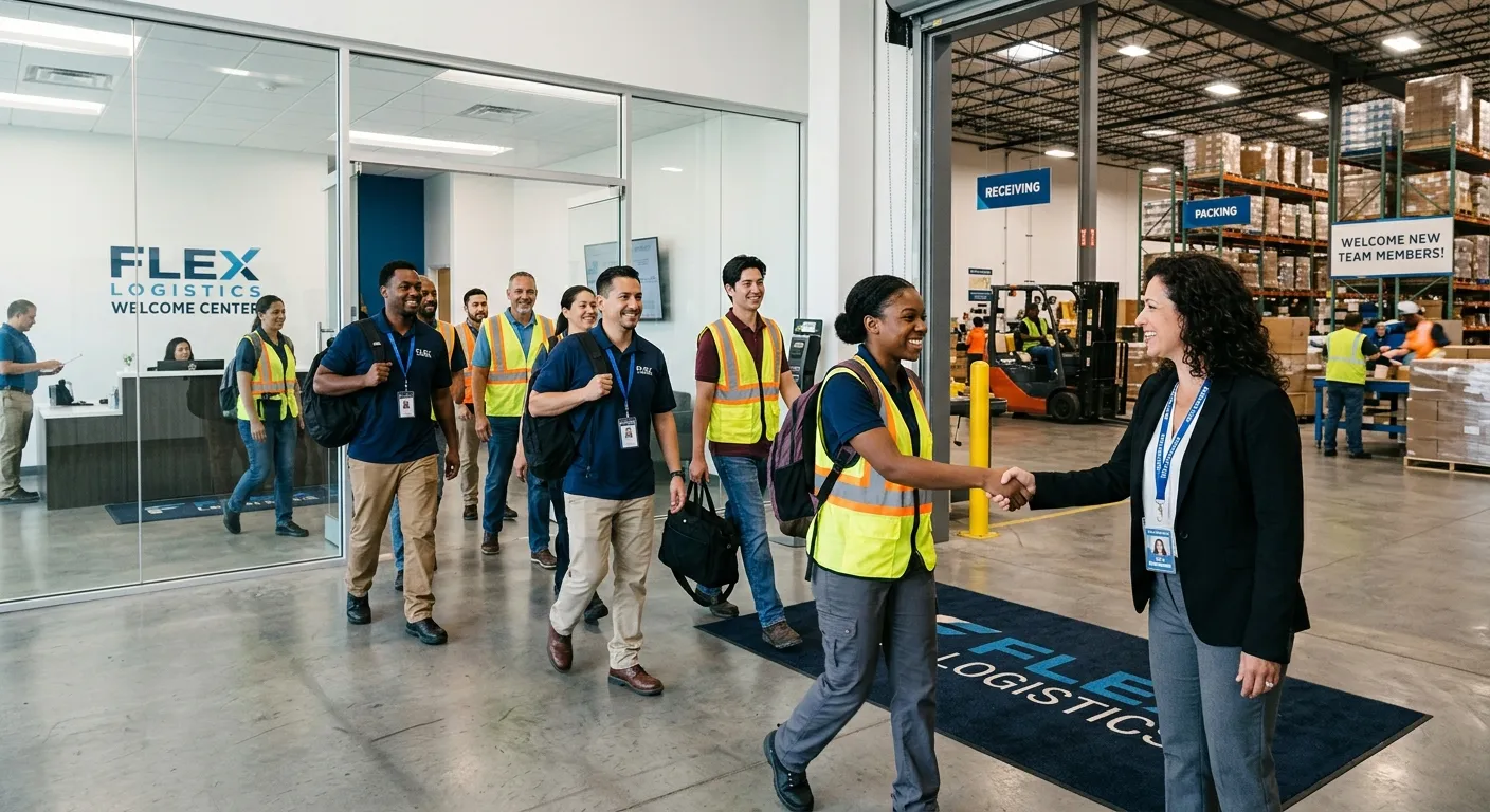 A dynamic, professional hero image showing a diverse group of temporary workers being welcomed into a modern office or warehouse setting. A manager is shaking hands with a new hire. The mood is energetic, efficient, and solution-oriented.