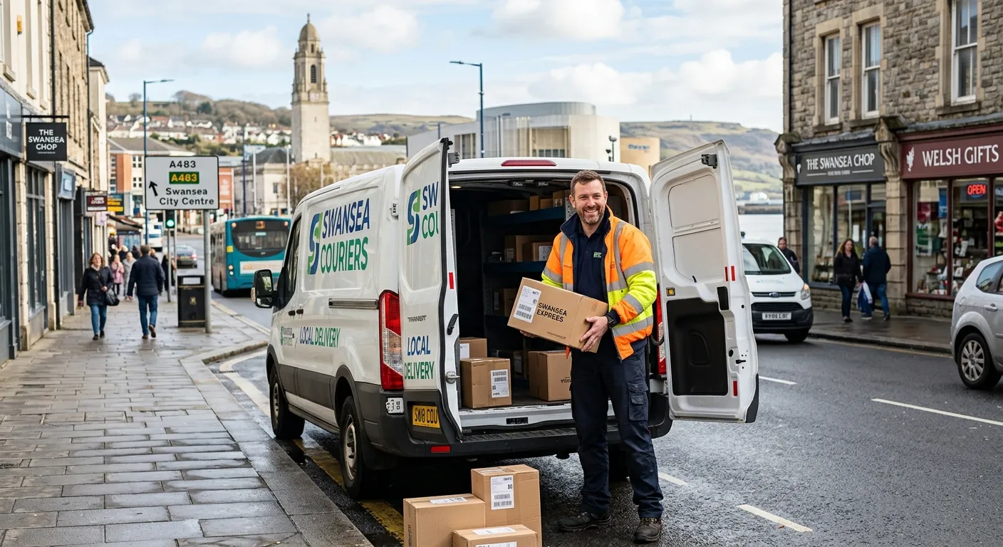 A professional, smiling van driver in high-visibility clothing loading packages into a clean, modern... A professional, smiling van driver in high-visibility clothing loading packages into a clean, modern van on a street in Swansea, with the city's iconic landmarks subtly visible in the background. Style: Professional, authentic, and welcoming.