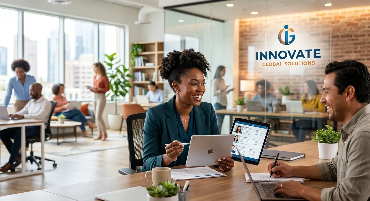 A modern, dynamic office environment where a diverse hiring manager is reviewing candidate profiles on a tablet, with a sleek company logo visible on the wall. Style: Professional, bright, and aspirational with a focus on human connection and technology.