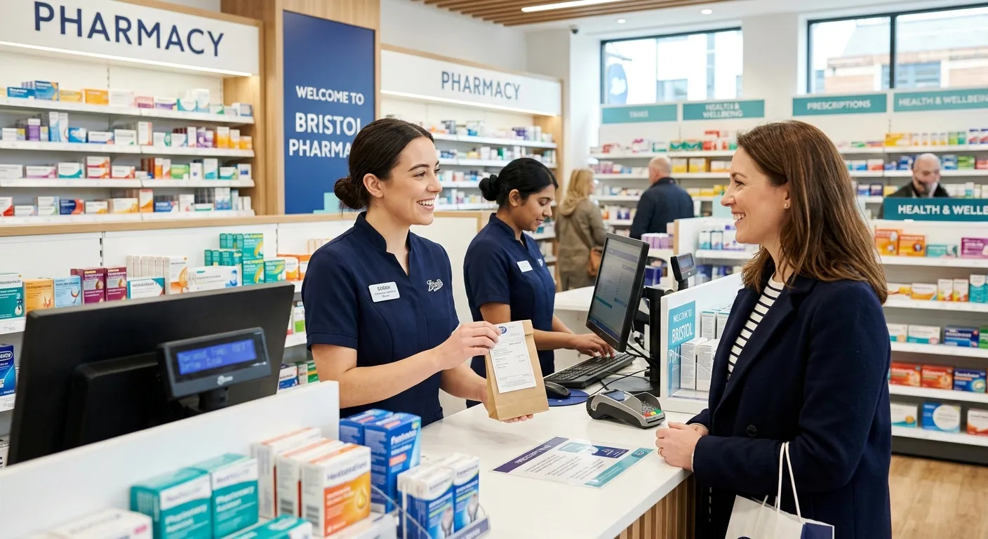 A professional, welcoming image of a modern pharmacy counter in Bristol, with a friendly Pharmacy Assistant in uniform assisting a customer. The style should be bright, crisp, and professional, conveying trust and a positive work environment.