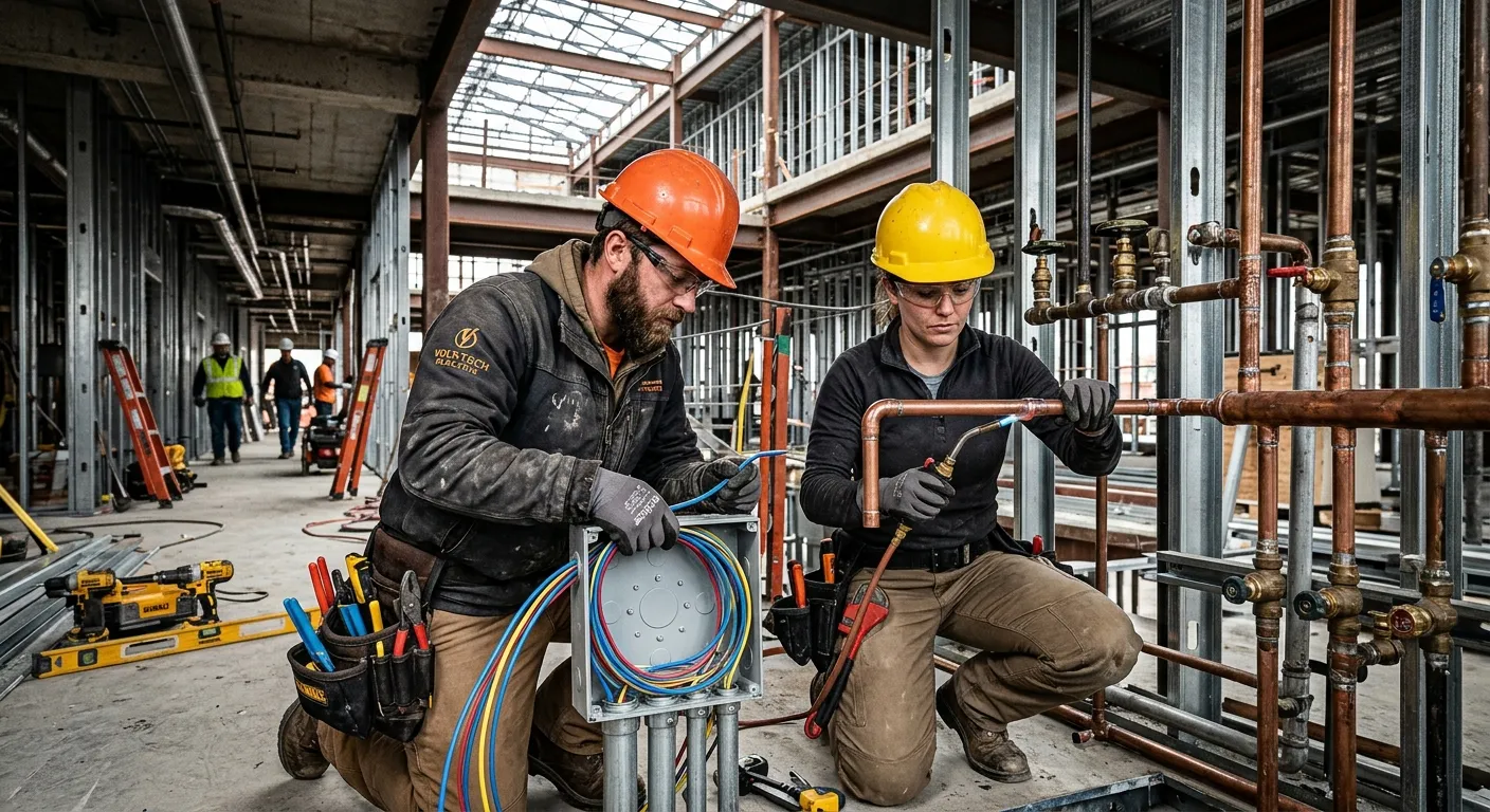 A high-contrast, professional photo of skilled tradespeople at work on a modern construction site. Focus on an electrician and a plumber collaborating, with tools and safety gear visible. Style: Authentic, dynamic, and professional. Mood: Productive, skilled, and reliable.