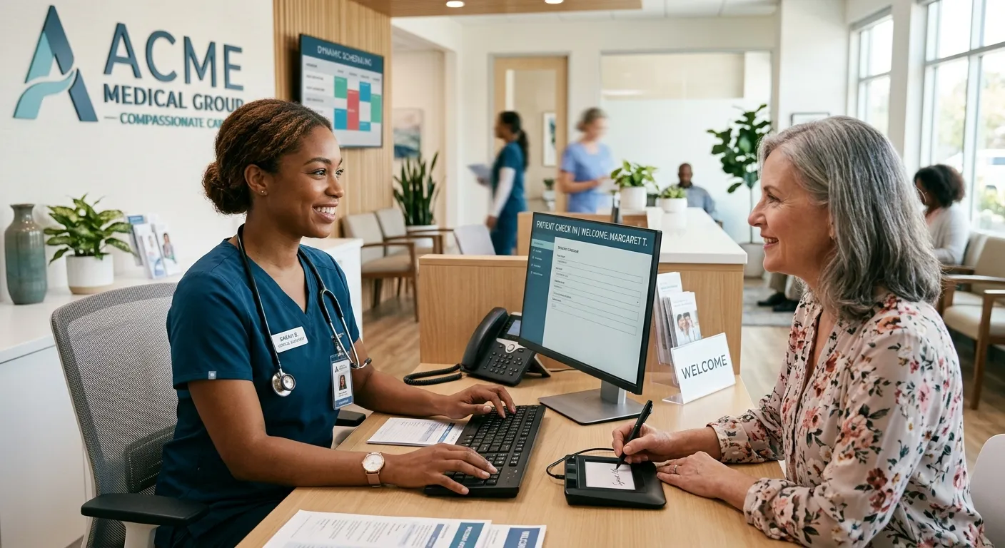 A professional, well-lit photo of a friendly Front Desk Medical Assistant in a modern clinic setting. They are smiling, wearing scrubs, assisting a patient with check-in on a computer. The mood is welcoming, efficient, and healthcare-focused.