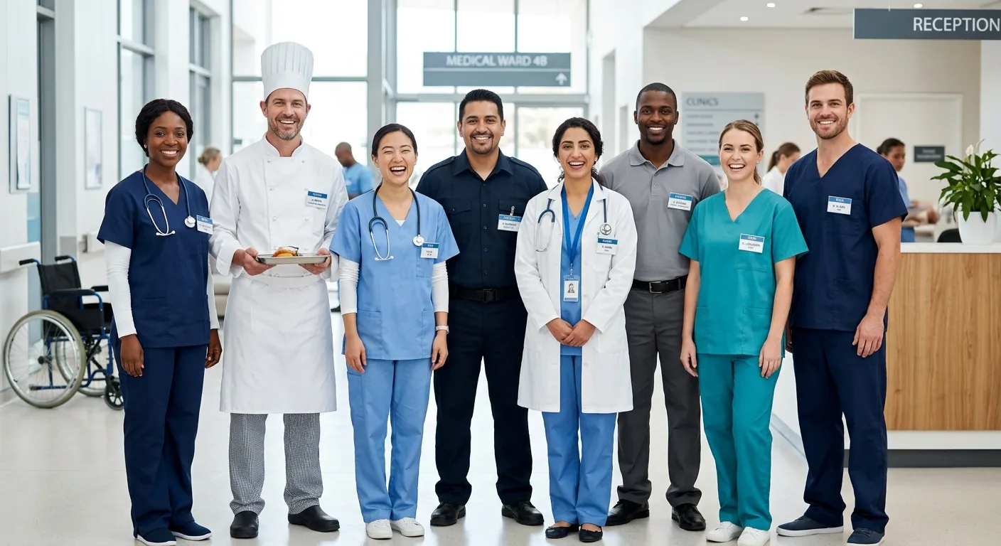 A diverse, professional group of healthcare workers - including nurses, a chef in kitchen whites, and support staff - smiling confidently in a bright, modern clinic or hospital setting. Style is professional, warm, and high-resolution.