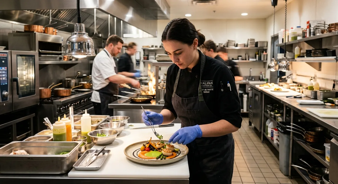 A professional, well-lit kitchen in a Halifax restaurant, featuring a focused Chef de Partie plating a dish. The mood is energetic, clean, and professional, highlighting modern kitchen equipment.