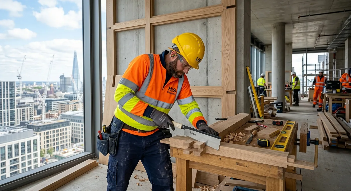 A professional carpenter in high-visibility clothing, working precisely on a custom joinery project in a modern London W1 development site, showcasing skill and quality craftsmanship.