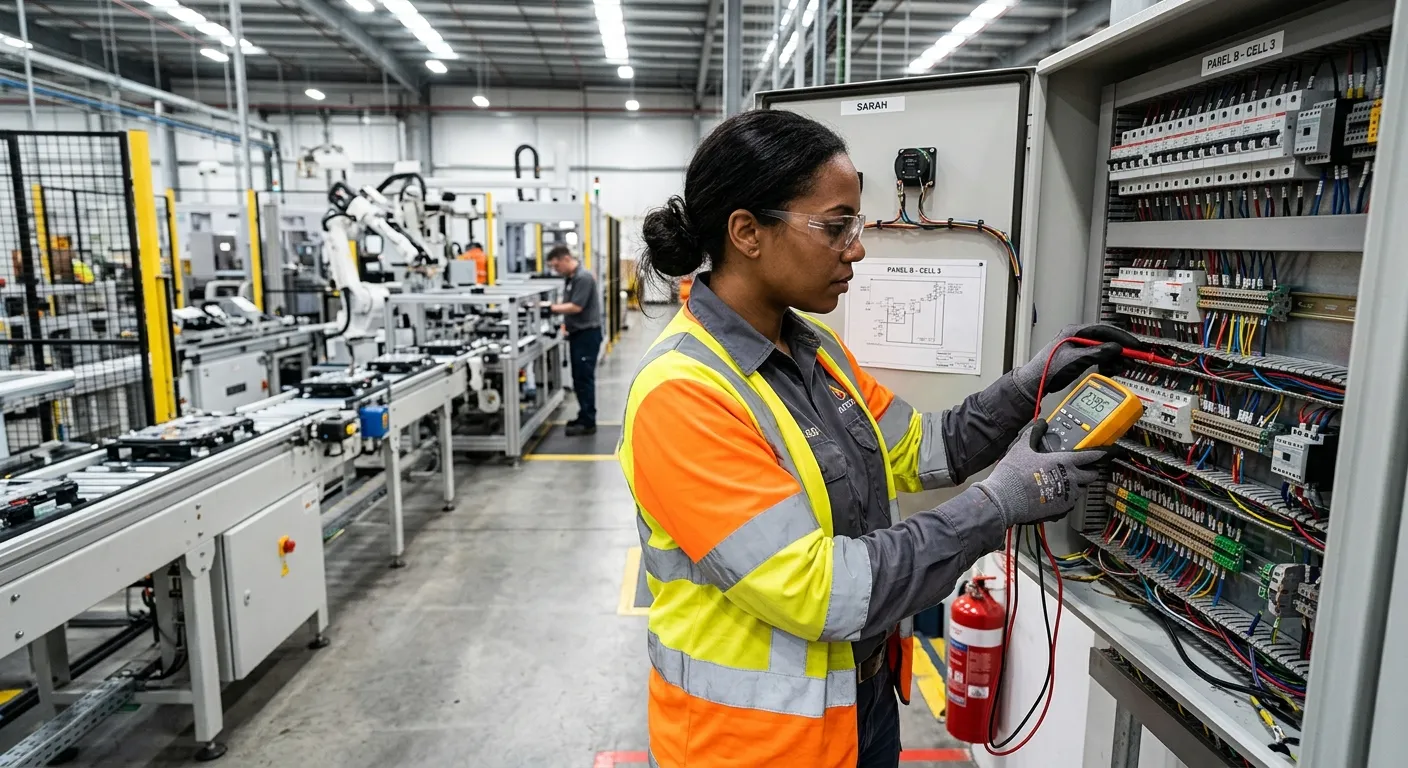A focused Maintenance Technician in high-visibility clothing, using a digital multimeter to diagnose an electrical panel on a modern industrial production line in a clean, well-lit factory.