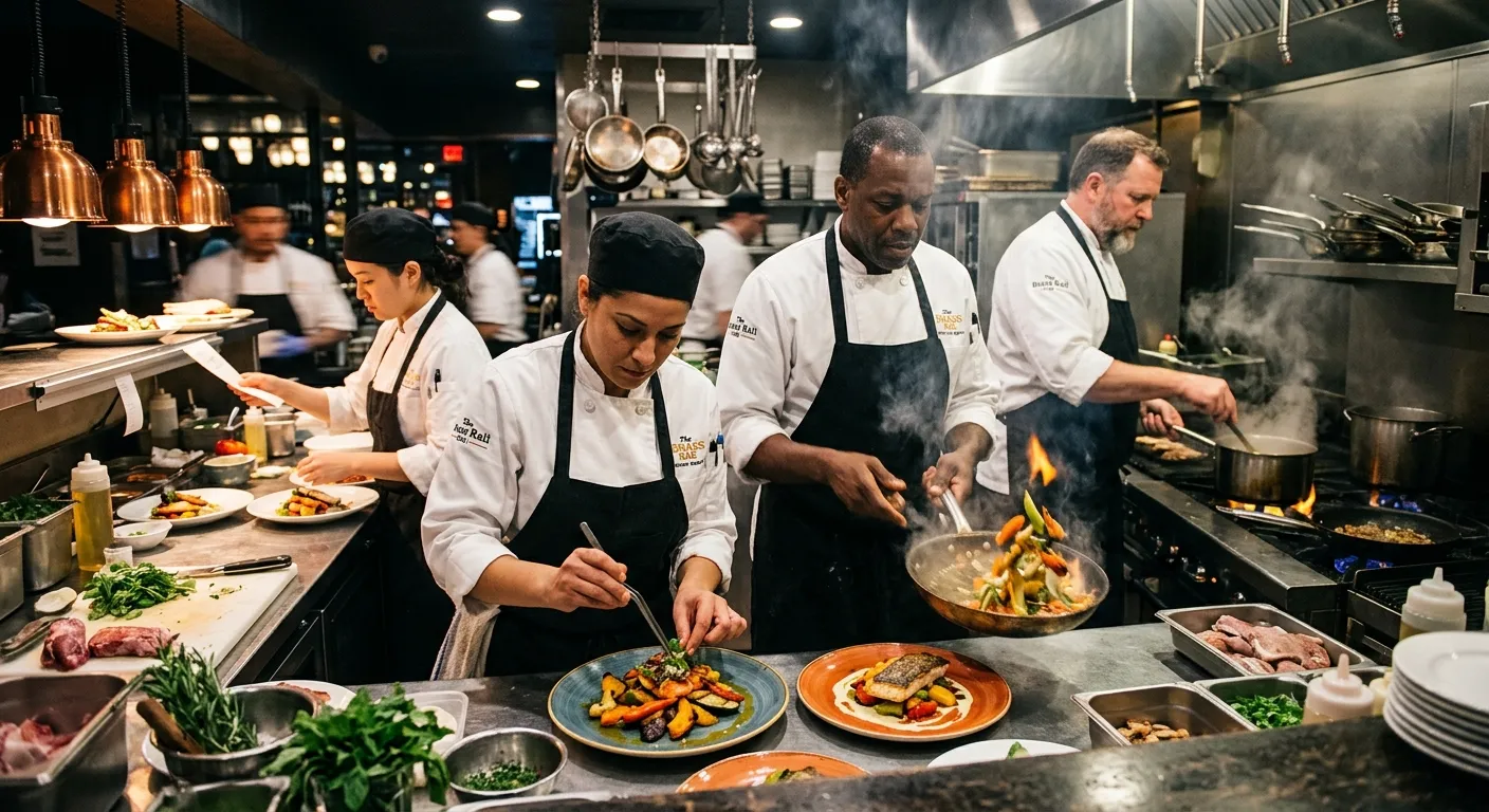 A dynamic, professional kitchen scene. A diverse team of chefs in crisp whites are collaboratively preparing dishes. Focus is on action, skill, and a vibrant atmosphere. Moody lighting highlights the steam and vibrant food colors.