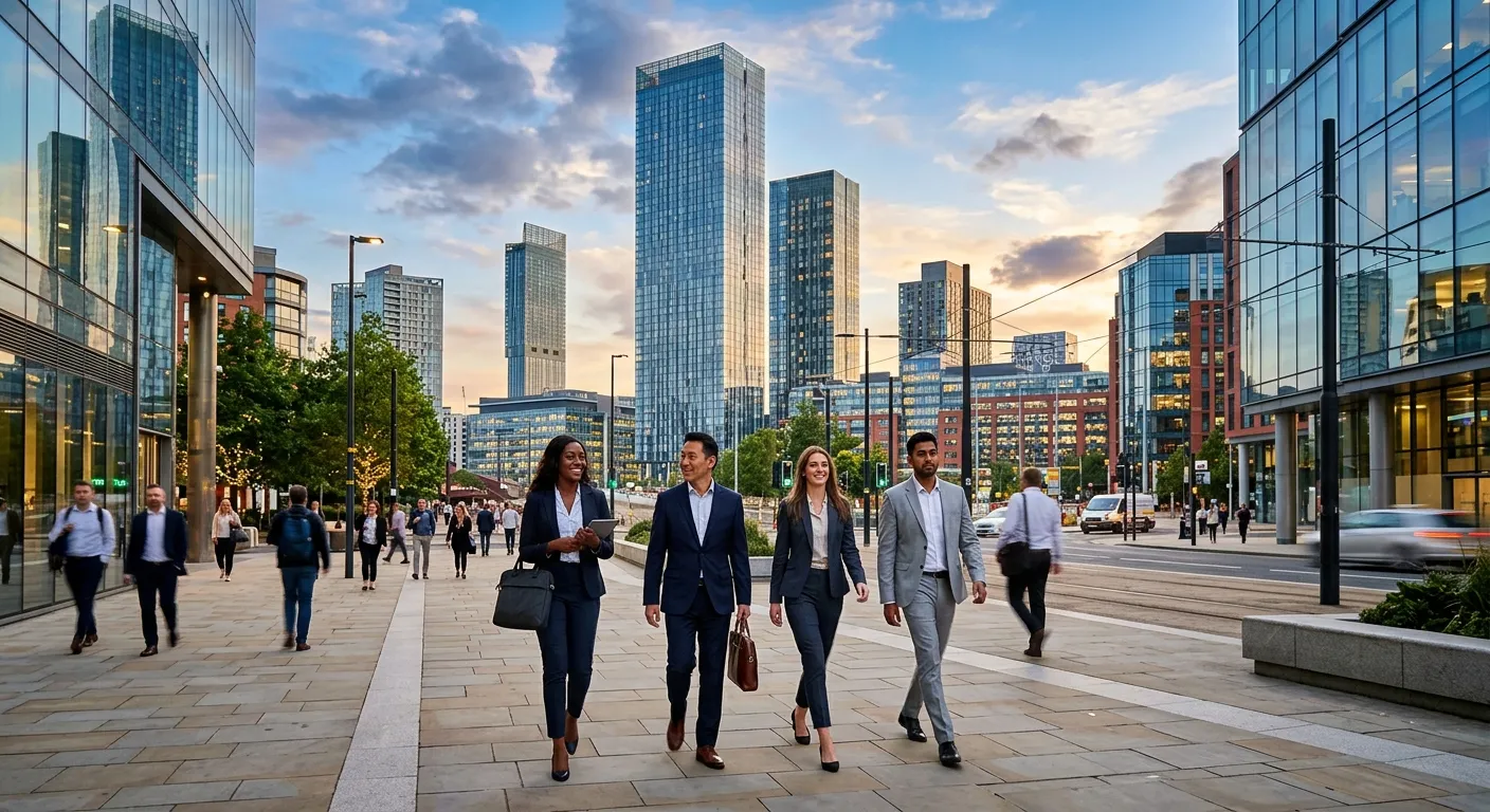 A dynamic, professional photograph of the Manchester skyline, featuring modern office buildings like... A dynamic, professional photograph of the Manchester skyline, featuring modern office buildings like Deansgate Square, with a diverse group of professionals walking confidently in the foreground, symbolising opportunity and growth. Style: Modern, vibrant, aspirational.