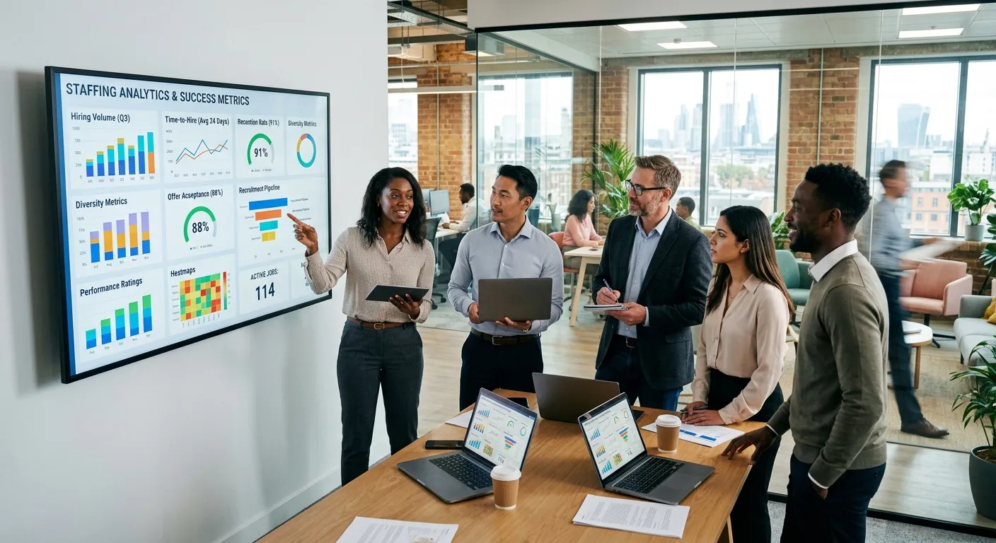 A modern, professional office environment with a diverse team collaborating around a digital dashboa... A modern, professional office environment with a diverse team collaborating around a digital dashboard showing staffing analytics and success metrics. Style: Corporate, bright, and dynamic. Mood: Efficient, collaborative, and future-focused.