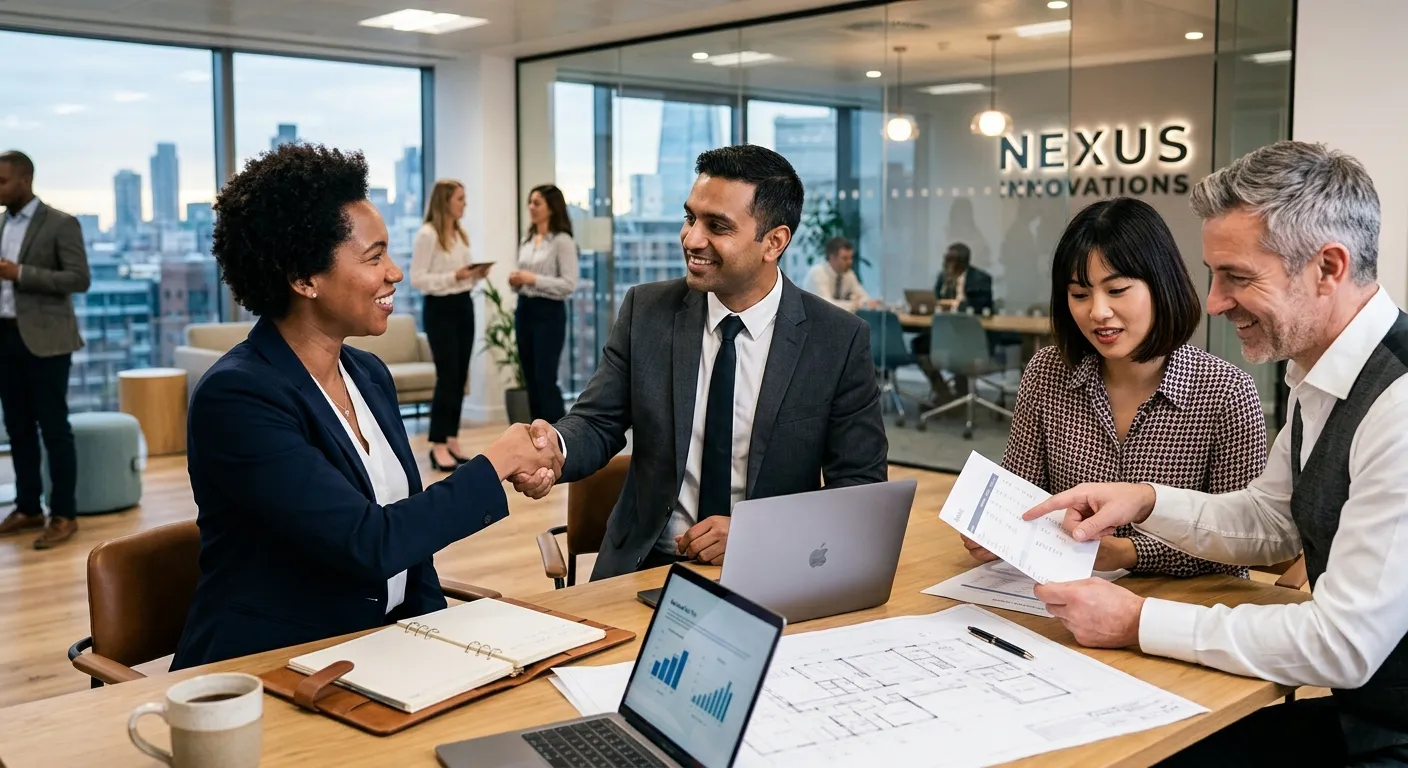 A professional, high-contrast photo of a diverse group of confident professionals in a modern office... A professional, high-contrast photo of a diverse group of confident professionals in a modern office setting, shaking hands and reviewing documents. Style is corporate, sharp, and aspirational with a focus on human connection and success.