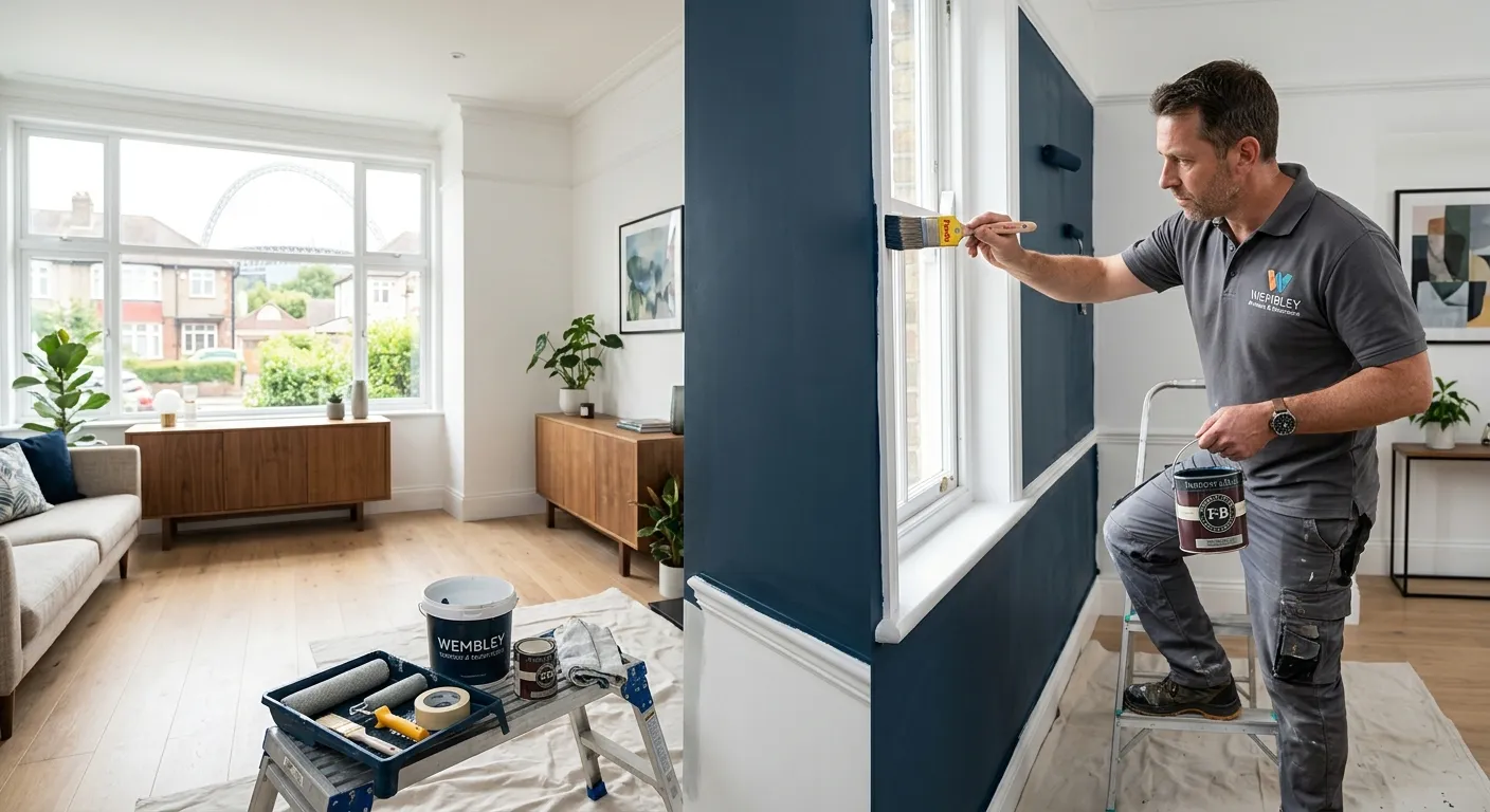 A professional, high-resolution photo of a skilled painter & decorator in Wembley, meticulously appl... A professional, high-resolution photo of a skilled painter & decorator in Wembley, meticulously applying a final coat of paint to a modern residential interior. The image conveys quality, precision, and a clean work environment, with a focus on the professional's tools and the transformed space.