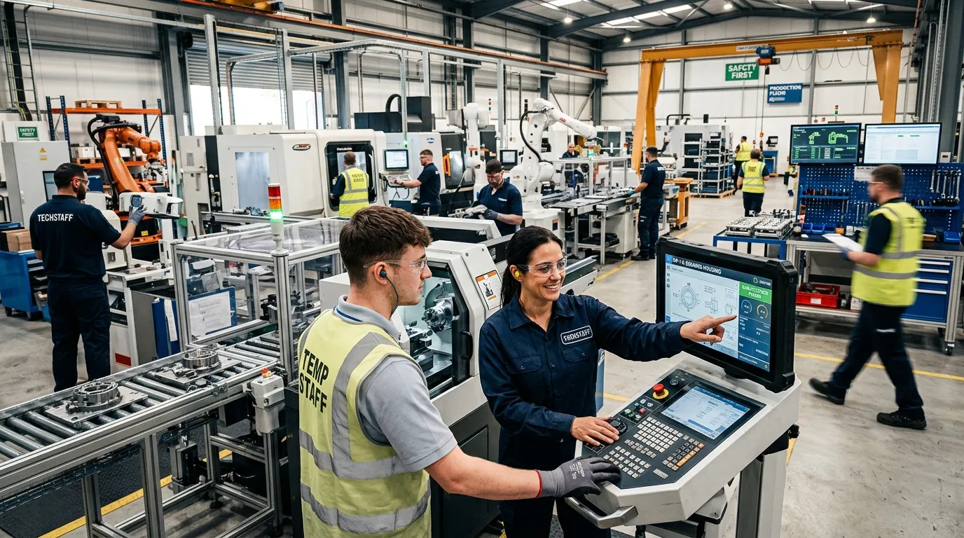 A dynamic, high-contrast hero image showing a modern, clean manufacturing floor with skilled temporary workers operating machinery and collaborating with permanent staff. The mood is professional, efficient, and high-tech.