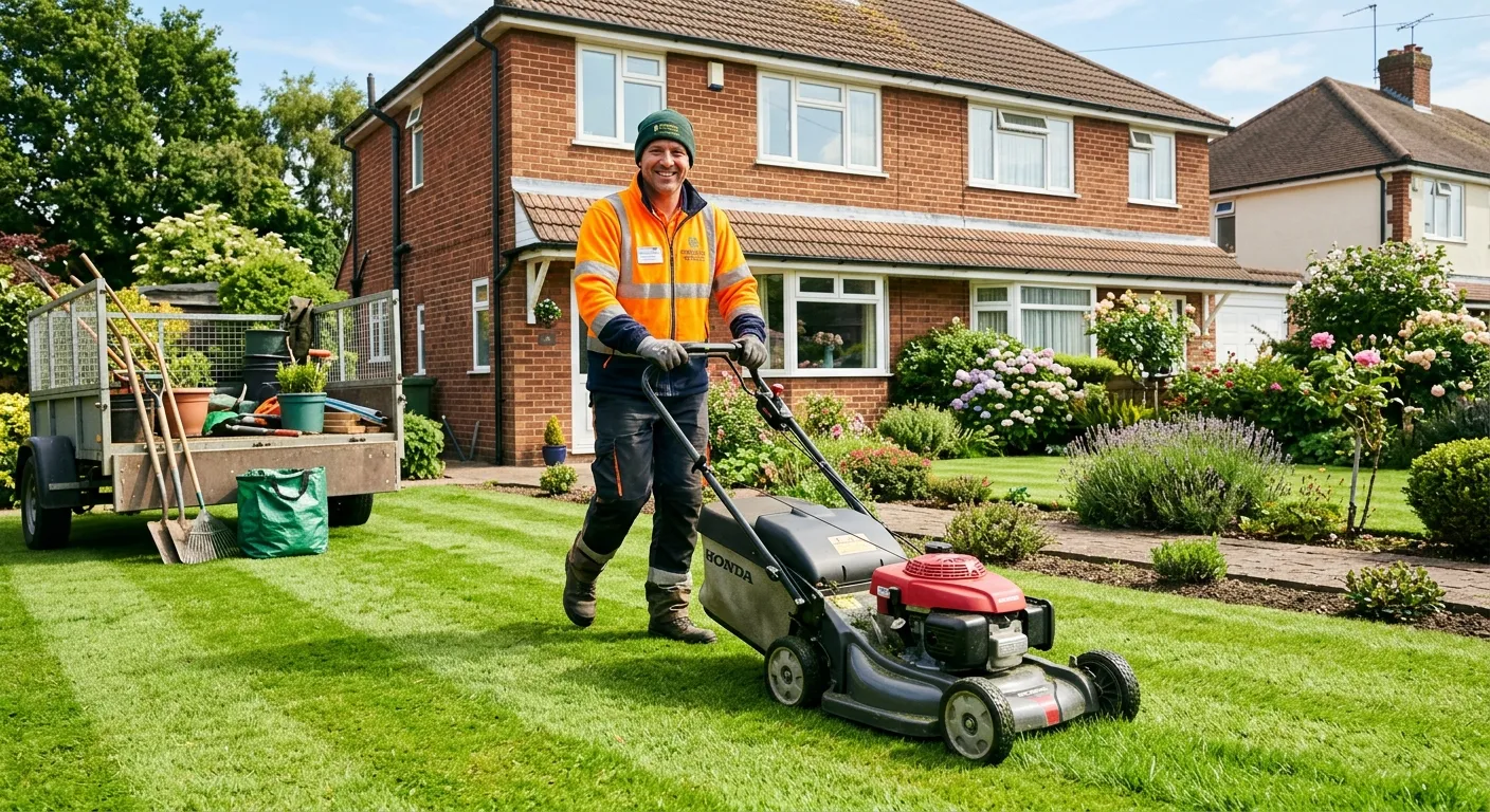 A professional, smiling gardener in high-visibility workwear, confidently operating a lawnmower on a well-kept lawn in a Birmingham suburb, with tools and plants in the background. Style: Bright, realistic, aspirational.