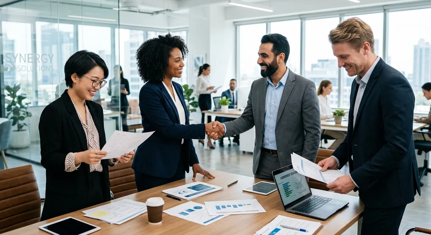 A high-contrast, professional photo of a diverse group of modern professionals in a collaborative of... A high-contrast, professional photo of a diverse group of modern professionals in a collaborative office setting, shaking hands and reviewing documents. Style: Bright, clean, corporate. Mood: Confident, successful, and connected.
