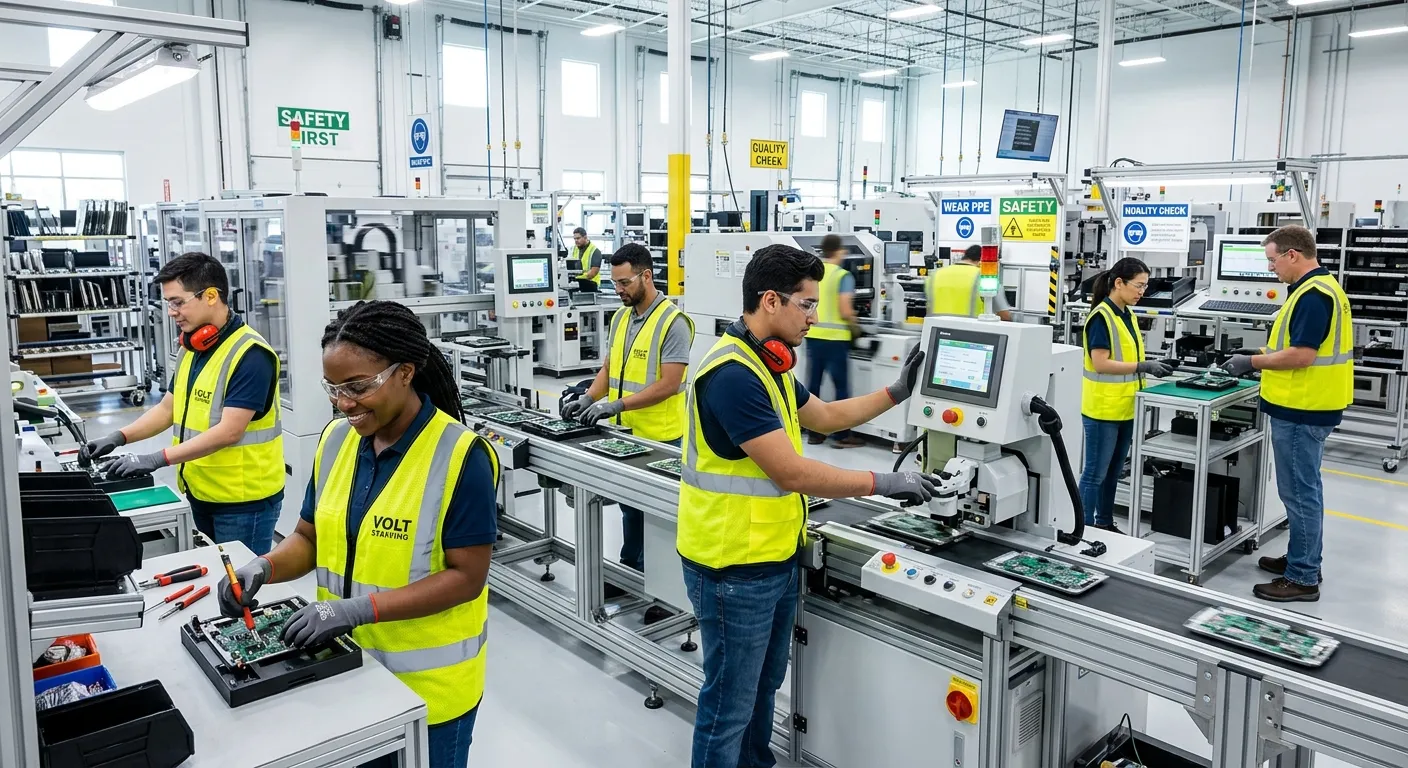 A high-energy, professional photo of a modern, clean manufacturing floor with skilled temporary workers operating machinery and assembling products. Focus on diversity, safety gear, and a dynamic, productive atmosphere. Style: Bright, sharp, inspiring.