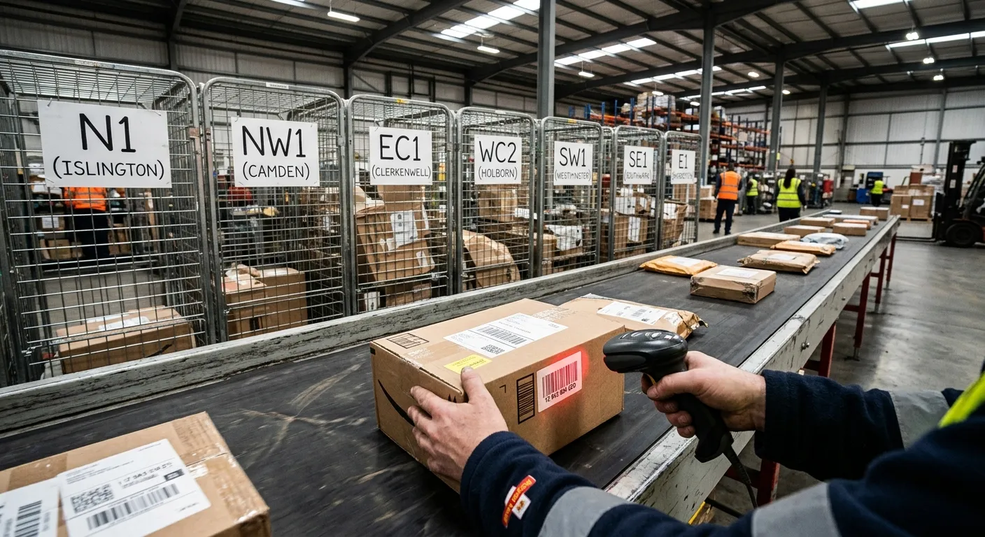 A first-person view from behind a conveyor belt in a modern warehouse, showing a worker's hands scan... A first-person view from behind a conveyor belt in a modern warehouse, showing a worker's hands scanning a parcel barcode, with sorted cages labelled with different UK postcodes in the background