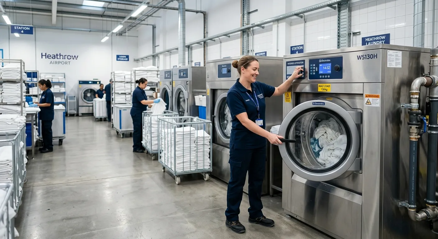 A professional, well-lit image of a modern, organised commercial laundry facility at Heathrow. A Lau... A professional, well-lit image of a modern, organised commercial laundry facility at Heathrow. A Laundry Attendant in clean uniform is operating a large industrial washing machine. The mood is efficient, hygienic, and professional, highlighting a positive work environment.