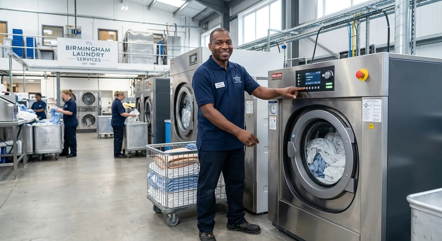 Professional, well-lit photo of a Laundry Attendant in a modern industrial laundry facility in Birmingham, operating a large commercial washing machine. Smiling, competent worker in a clean uniform, conveying efficiency and a positive work environment.