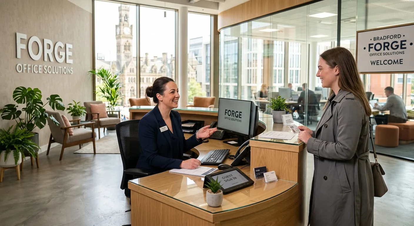 A professional, welcoming reception area in a modern Bradford office building, with a friendly receptionist at a sleek desk, smiling and assisting a visitor. Bright, natural lighting, professional mood.