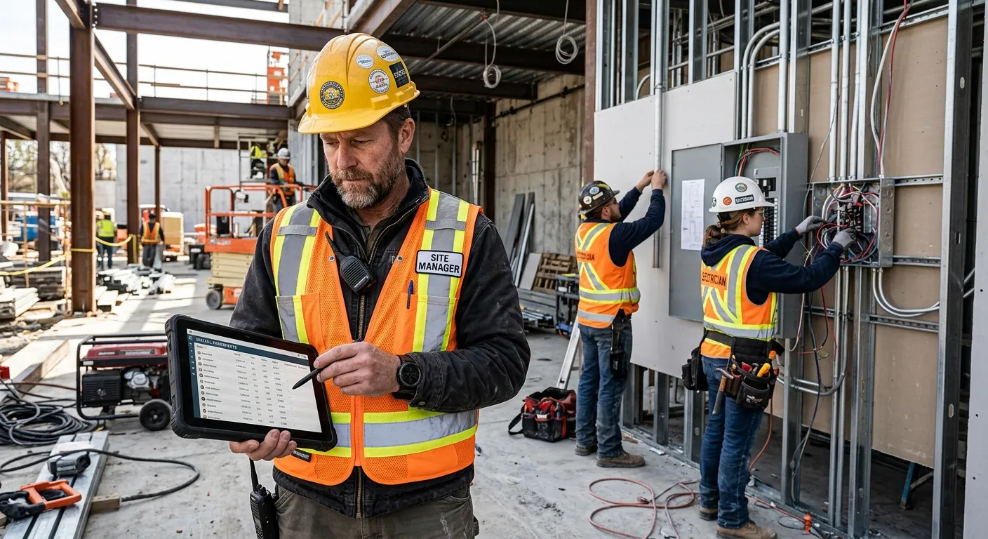 A construction site manager reviewing digital timesheets on a tablet with skilled electricians worki... A construction site manager reviewing digital timesheets on a tablet with skilled electricians working in the background on a commercial site.
