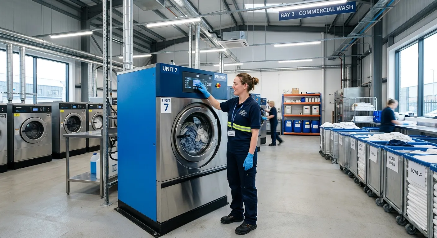 A professional, well-lit image of a modern, clean industrial laundry facility in Aberdeen. Focus on... A professional, well-lit image of a modern, clean industrial laundry facility in Aberdeen. Focus on a team member operating a large, efficient commercial washing machine. The atmosphere should be bright, hygienic, and organised, conveying a professional work environment.