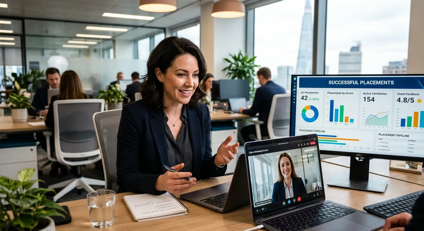 A professional, dynamic image of a headhunter consultant in a modern office, speaking warmly on a vi... A professional, dynamic image of a headhunter consultant in a modern office, speaking warmly on a video call with a client. On a secondary screen, a dashboard shows successful placements. Style: Corporate, authentic, high-contrast. Mood: Trustworthy, collaborative, and efficient.
