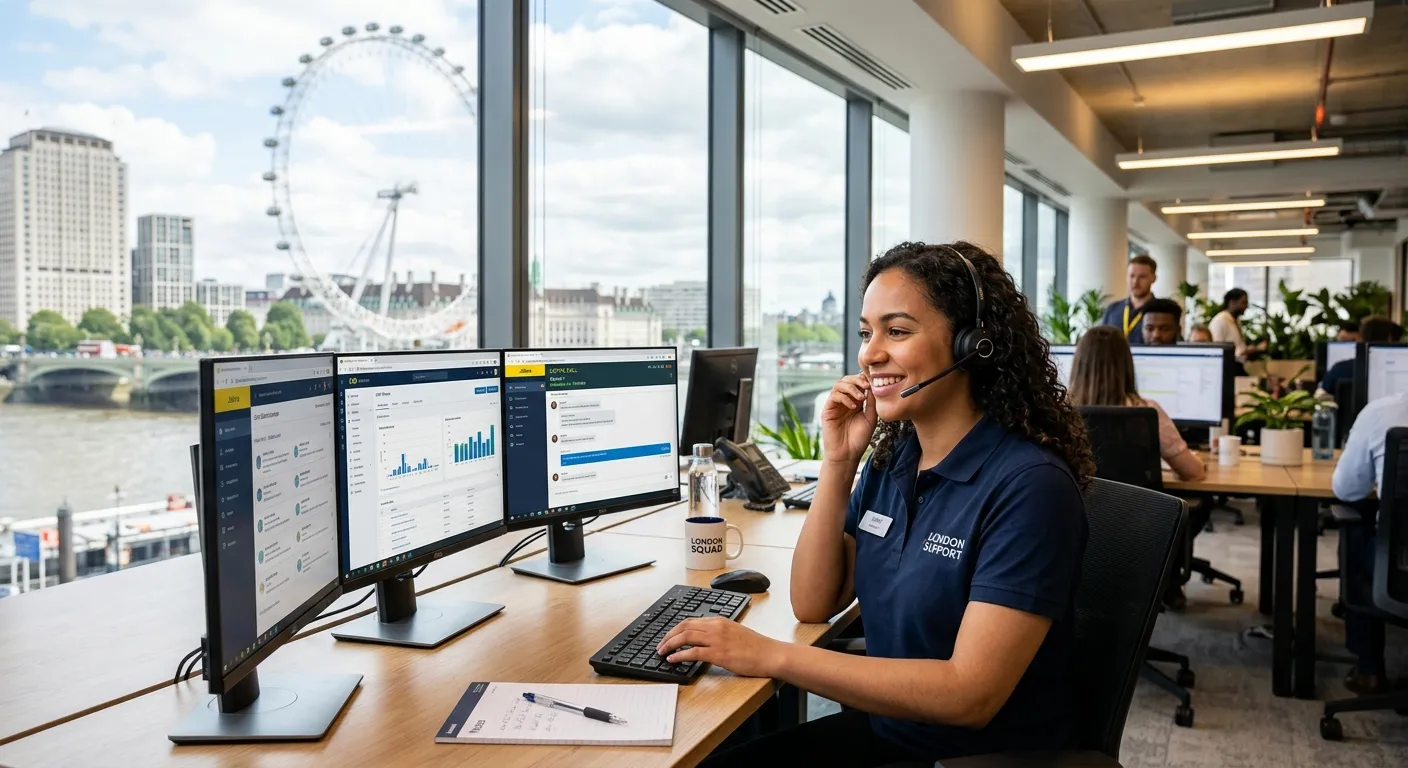 A professional, friendly Call Centre Operator wearing a headset, smiling while working at a modern desk with multiple monitors in a bright, contemporary office. The background subtly features iconic South Bank London landmarks like the London Eye. The mood is energetic, efficient, and welcoming.