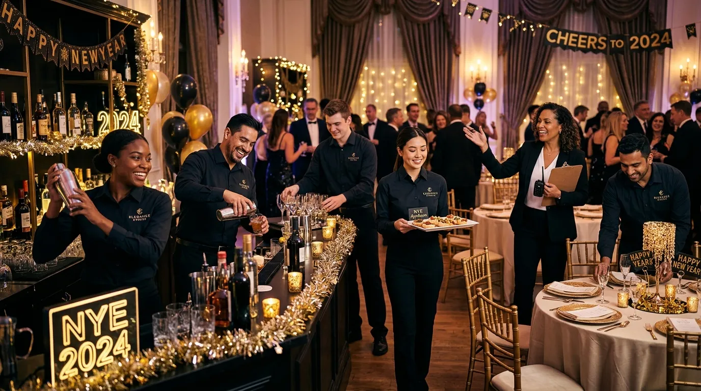 A dynamic, professional hero image showing a diverse team of hospitality staff – bartenders, servers... A dynamic, professional hero image showing a diverse team of hospitality staff – bartenders, servers, event coordinators – in crisp uniforms, smiling and preparing for a bustling, elegantly decorated New Year's Eve event. Moody lighting with festive bokeh in the background.