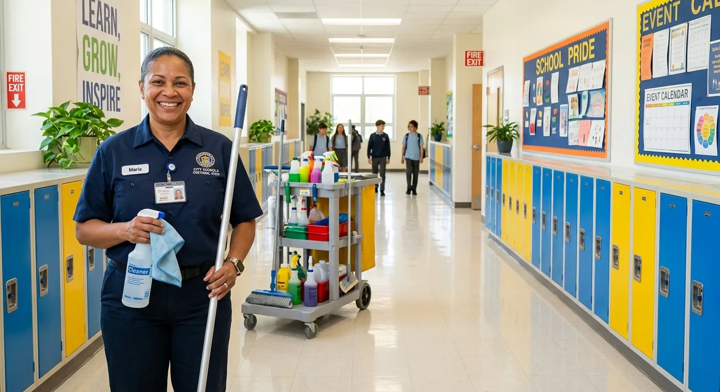 A professional, welcoming image of a well-lit, clean school corridor with lockers and a person in a... A professional, welcoming image of a well-lit, clean school corridor with lockers and a person in a uniform holding cleaning supplies, smiling. The image should convey cleanliness, safety, and a positive work environment.