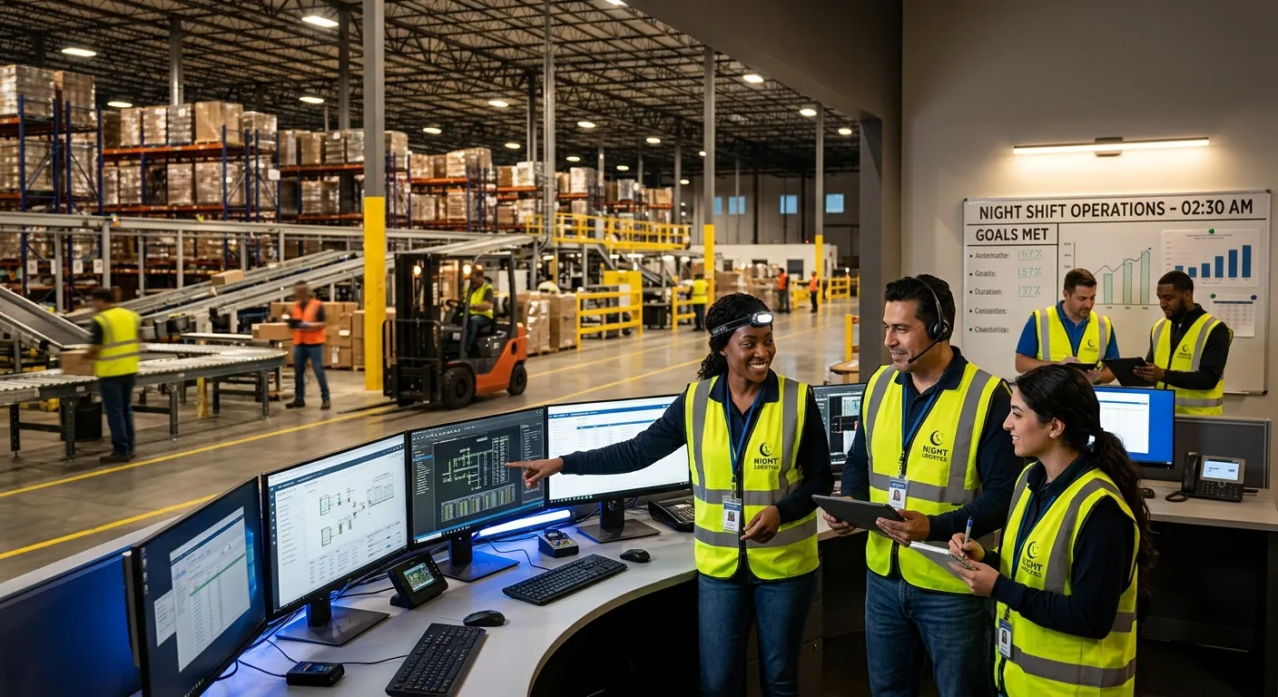 A dynamic, professional photo of a modern, brightly-lit warehouse or control room at night. A divers... A dynamic, professional photo of a modern, brightly-lit warehouse or control room at night. A diverse team of night shift workers in high-visibility gear collaborates efficiently. The mood is energetic, productive, and safe, with a focus on technology and teamwork.