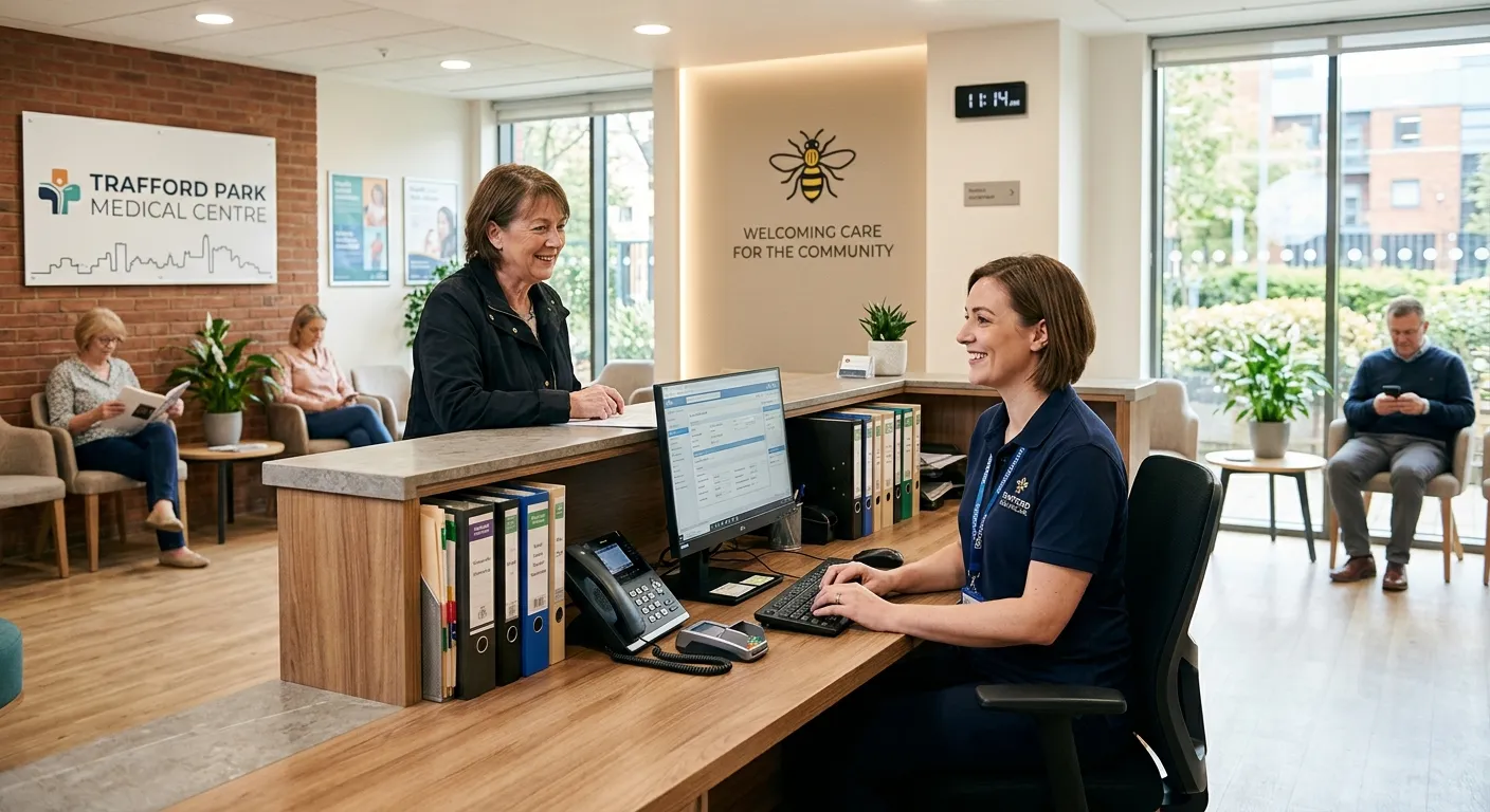 A professional, welcoming image of a modern medical reception area in Trafford Park, featuring a friendly receptionist at a desk with a computer, phone, and organised patient files. The mood is calm, efficient, and trustworthy.