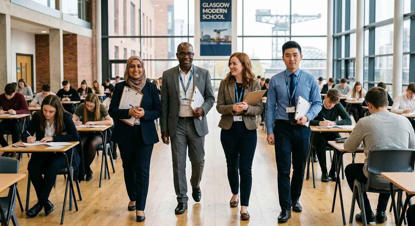 A professional, diverse group of exam invigilators in a bright, modern school or exam hall setting in Glasgow. They are holding clipboards, looking confident and helpful. The style is warm, trustworthy, and aspirational.