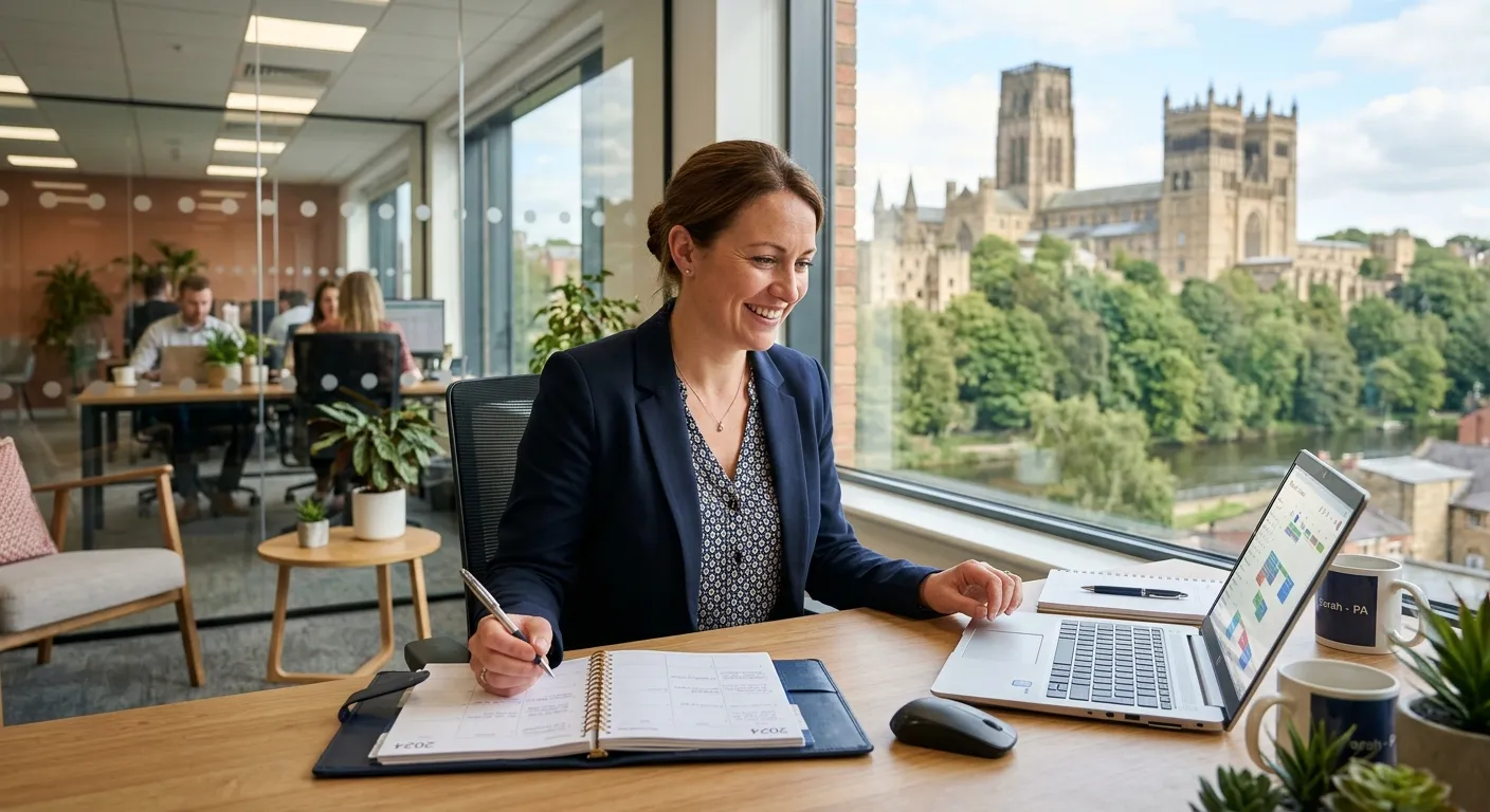 A professional and friendly-looking Personal Assistant in a modern office environment in Durham, smiling while organising a diary and laptop, with a view of Durham Cathedral in the background to emphasise the local setting. Style: professional, bright, and welcoming.