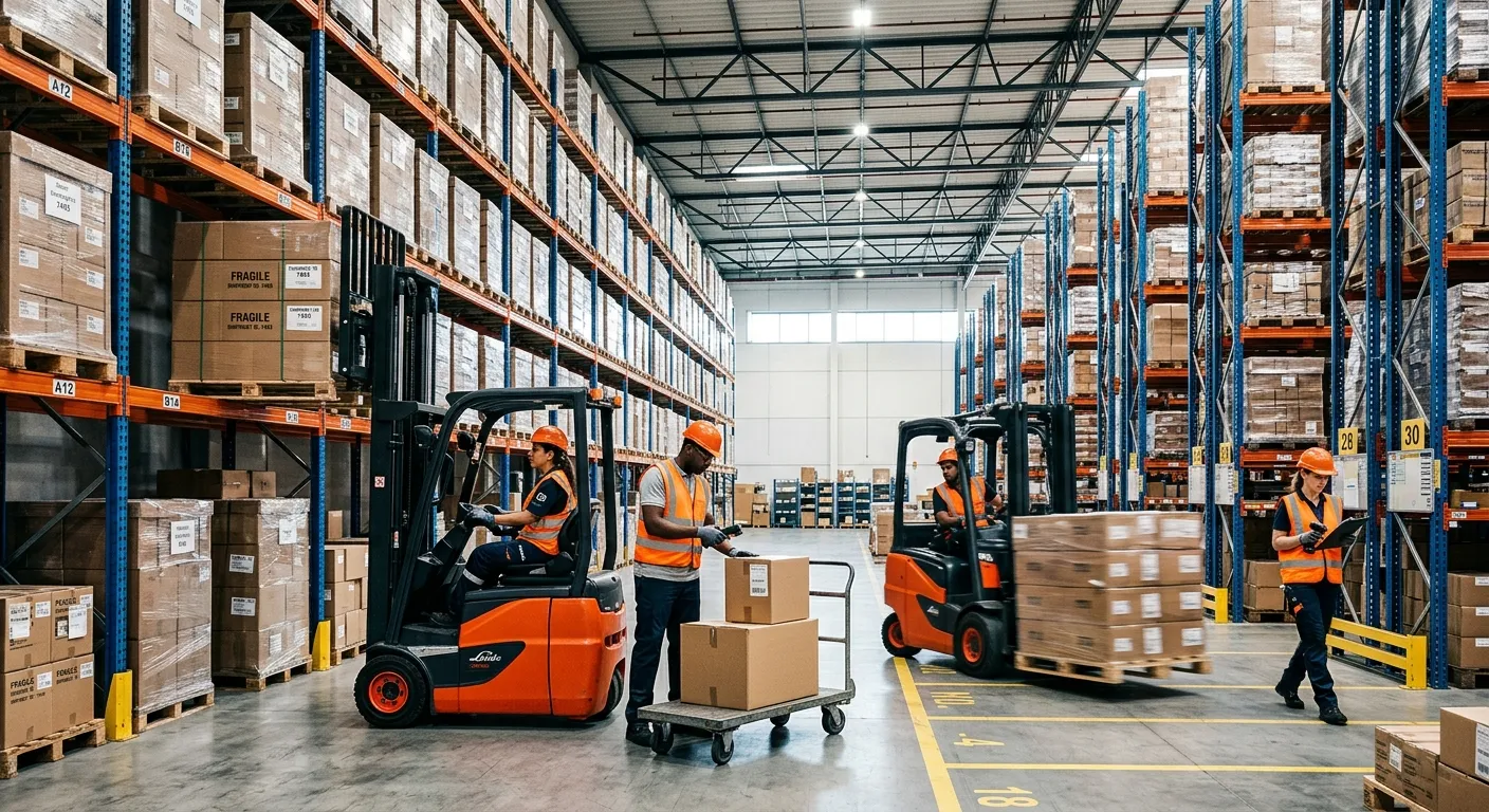 A dynamic, high-contrast hero image of a modern, well-organized warehouse in operation. A diverse te... A dynamic, high-contrast hero image of a modern, well-organized warehouse in operation. A diverse team of warehouse operatives and forklift drivers is shown working efficiently against a backdrop of tall shelving units. The image has a professional, slightly desaturated tone with highlights on the workers, emphasizing action and precision.