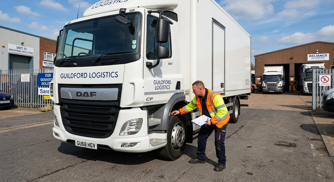 A professional HGV Driver in hi-vis clothing completing a vehicle check on a modern Class 2 lorry in an industrial estate in Guildford, sunny day, realistic and aspirational style.