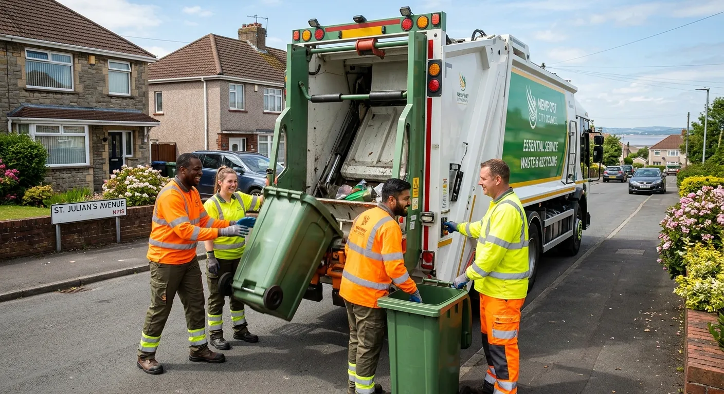 A professional, uplifting hero image featuring a diverse team of waste and recycling operatives in h... A professional, uplifting hero image featuring a diverse team of waste and recycling operatives in high-visibility clothing, smiling and working together on a clean, modern refuse collection vehicle in a residential area of Newport. The image should convey teamwork, professionalism, and pride in essential community service.
