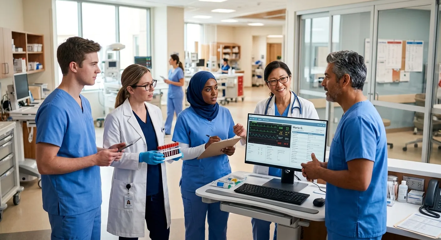 A diverse, professional team of healthcare professionals - including nurses, a doctor, and a lab technician - collaborating in a modern, bright hospital setting. Style: Professional stock photo, warm and trustworthy mood, high contrast.