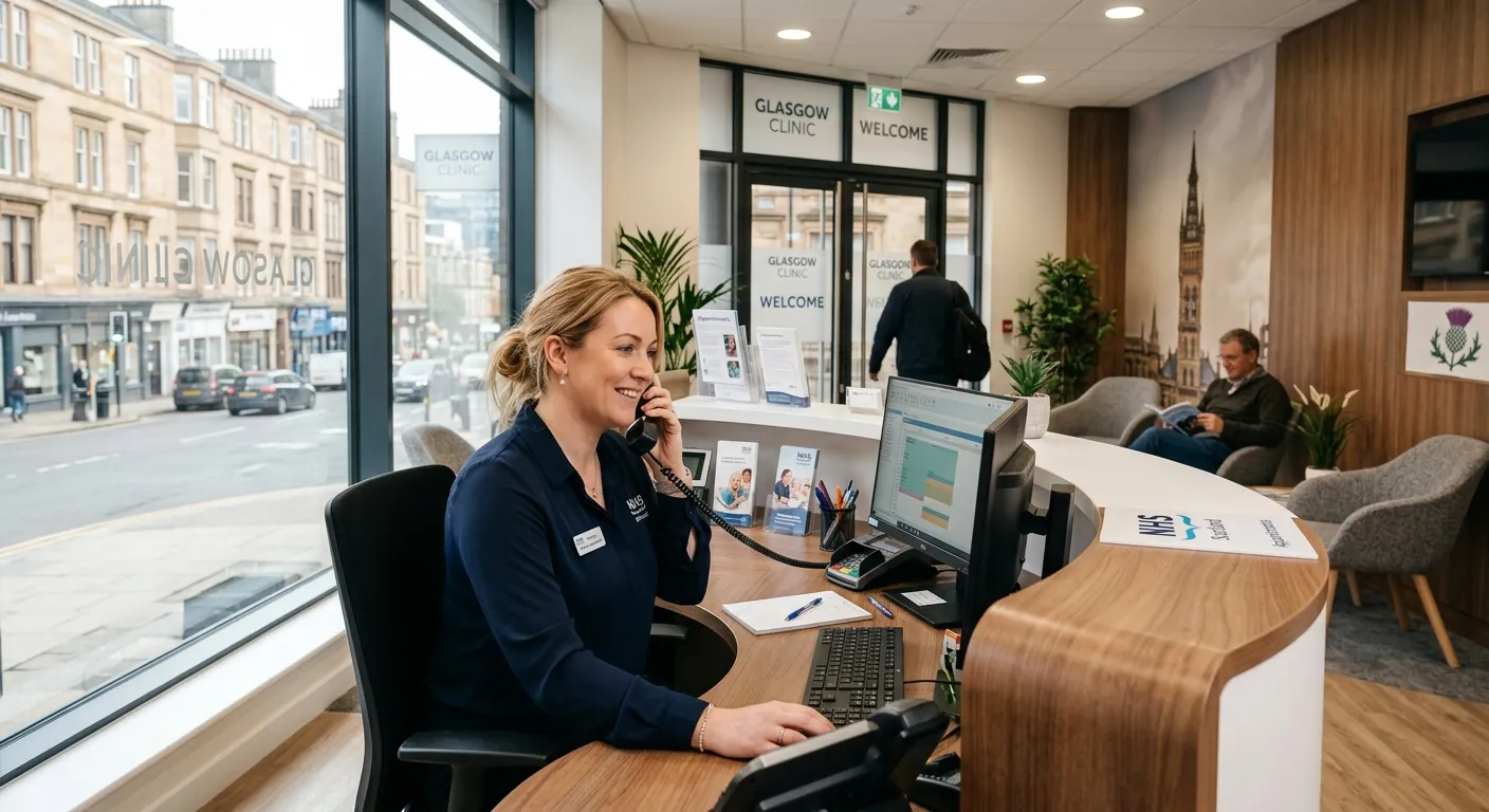 A professional, welcoming image of a modern medical reception area in a Glasgow clinic. A friendly M... A professional, welcoming image of a modern medical reception area in a Glasgow clinic. A friendly Medical Secretary is at a desk, speaking on the phone and looking at a computer screen, with natural light from a window. The style is warm, professional, and local.