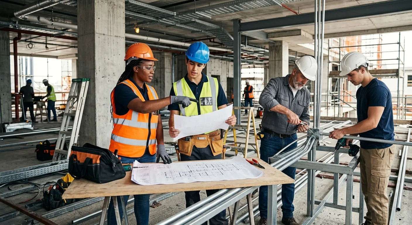 A professional, high-energy photo of a diverse team of electricians and their mates collaborating on a modern construction site. One is pointing at a blueprint, others are working on conduit. The mood is productive, skilled, and dynamic, with a slightly desaturated, professional tone.
