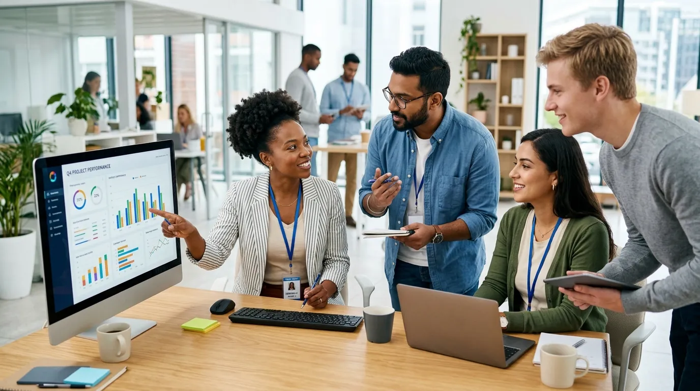 A dynamic, professional hero image showing a diverse group of temporary workers collaborating in a m... A dynamic, professional hero image showing a diverse group of temporary workers collaborating in a modern office environment. One person is pointing to a data chart on a screen, others are in discussion. Style is bright, energetic, and focused on human connection and productivity.