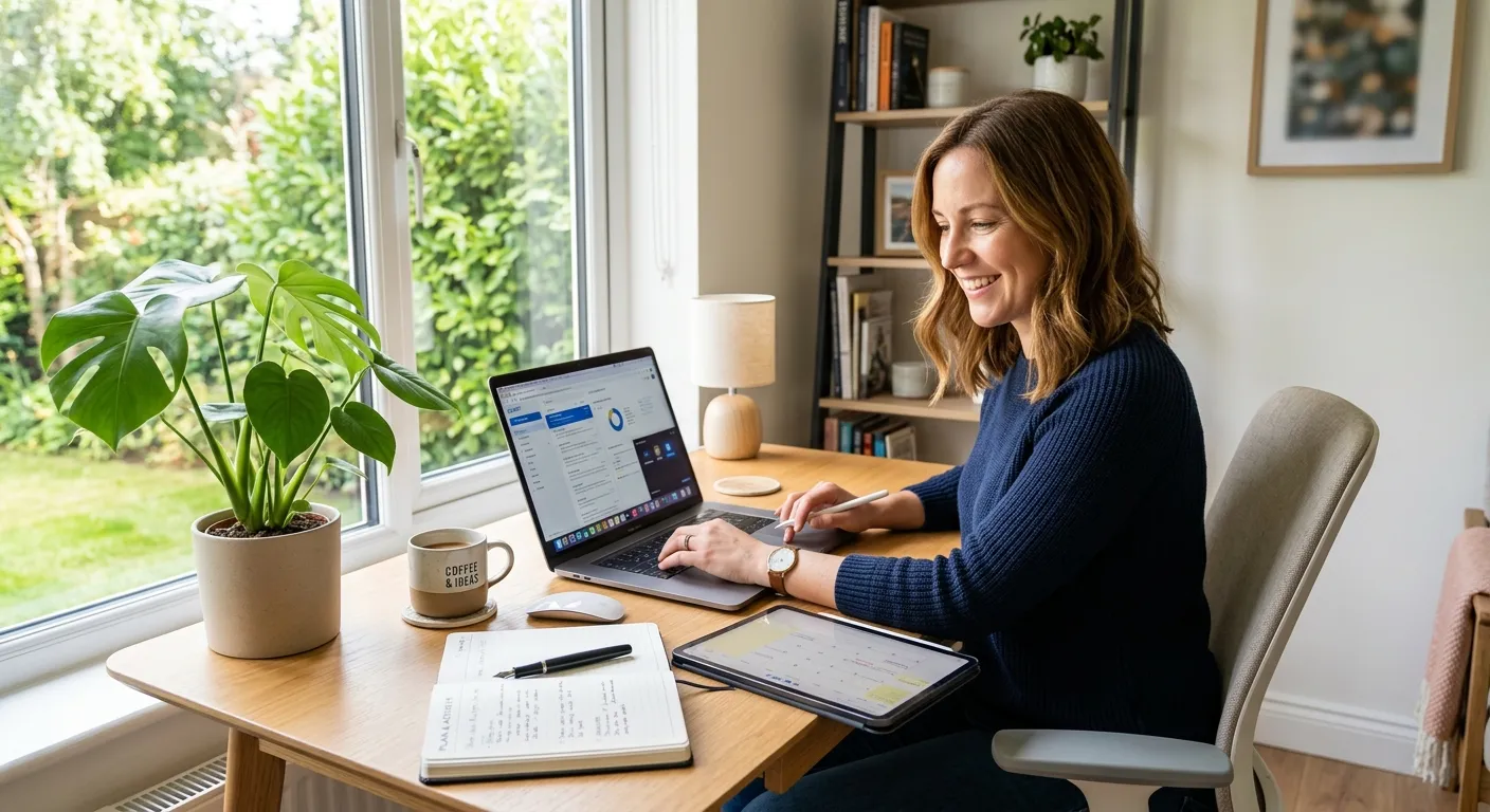 A professional, friendly-looking person working on a laptop and tablet at a modern home office desk, with a plant and a notebook visible. The scene conveys remote work, organisation, and productivity. The style is bright, clean, and aspirational.