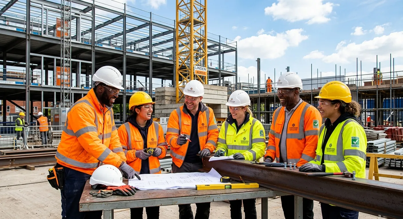 A high-energy, professional photo of a diverse team of labourers on a construction site in Trafford... A high-energy, professional photo of a diverse team of labourers on a construction site in Trafford Park, smiling and collaborating. Bright daylight, modern hard hats, and hi-vis jackets, conveying teamwork and opportunity.