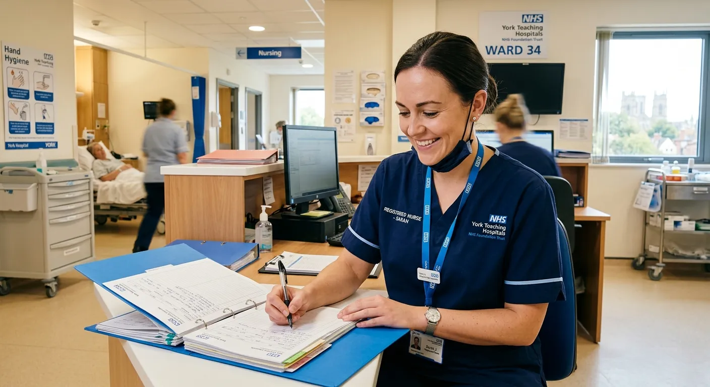 A confident, professional Registered Nurse in York NHS scrubs, smiling while checking a patient's chart in a modern, well-lit York hospital or care home setting. The image should feel welcoming, professional, and convey a sense of competence and care.